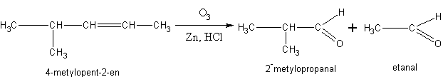 Ozonoliza 4-metylopent-2-enu prowadzi do otrzymania 2-metylopropanalu oraz etanalu.