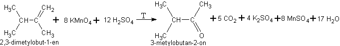 2,3-dimetylobut-1-en rozszczepia się tworząc 3-metylobutan-2-on oraz dwutlenek węgla.