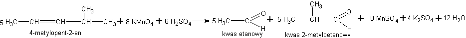 3-metylopent-2-en ultenia się do kwasu etanowego oraz 2-metyloetanowego, mnaganian(VII) potasu redukuje się do siarczanu(VI) manganu(II).